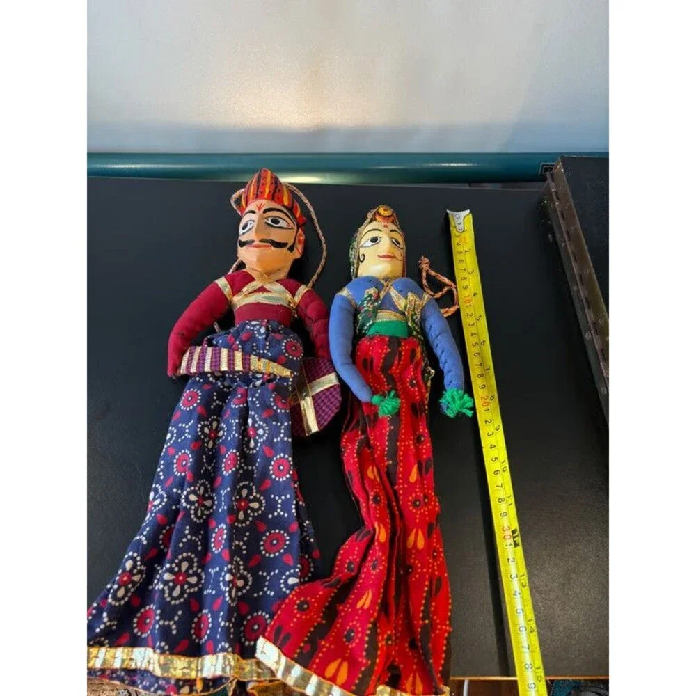 Rajasthani Kathputli String Puppets Pair Carved Wood Heads Indian Folk Art